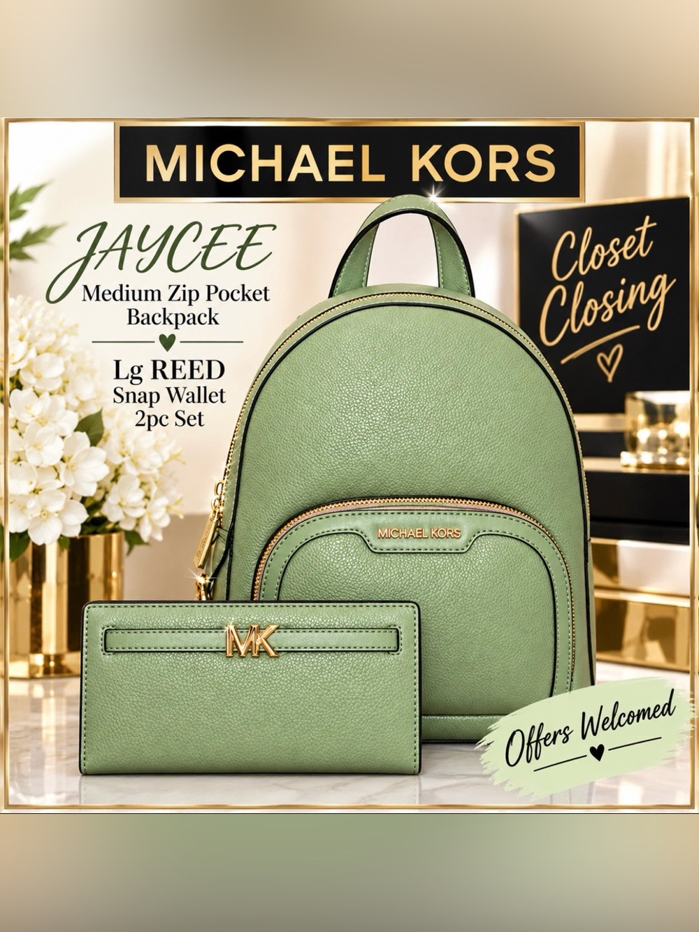 Michael Kors JAYCEE Medium Zip Pocket Backpack/Lg REED Snap Wallet 2pc Set